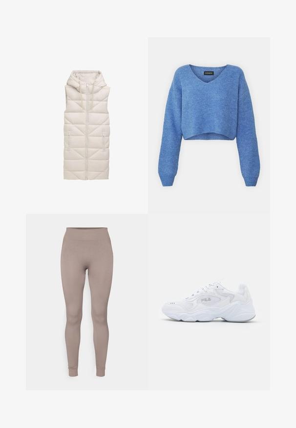 Beige puffer väst med huva, som har en dragkedja fram, två sidofickor och ett kviltat diamantmönster över hela tyget.; Blå croppad tröja med V-ringning, ribbad textur och långa ärmar. Gjord av mjukt material. Märke: even&odd.; Ribbade leggings i en mjuk taupe-färg, med hög midja, smal passform och avsmalnande anklar. Tillverkade av ett texturerat, stretchigt tyg.; Vita idrottssko med ett texturerat mesh-övre, vadderad krage och kraftig sula. Har en logotyp på sidan och snörning.