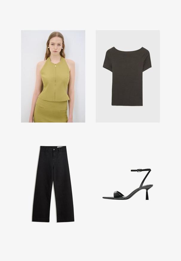 Ärmelloses olivgrünes Oberteil mit hohem Halsausschnitt und sichtbarem goldenen Reißverschluss, kombiniert mit einem passenden, eng anliegenden Rock mit zwei Taschen.; Dunkelgraues Kurzarmoberteil mit Bootsausschnitt. Hergestellt aus geripptem Stoff, mit lockerer Passform und sauberem Saum. Einfaches Design, ohne Muster.; Schwarze weit geschnittene Jeans mit hoher Taille, ausgestattet mit Vorder- und Hintertaschen, gesteppten Nähten und einem Knopfverschluss. Glatte Textur.; Bershka High Heel Sandalette - black