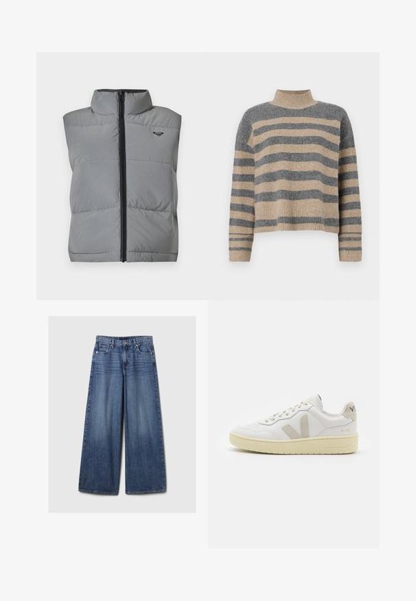 Sleeveless gray padded vest with high collar, front black zipper, and small black logo on the upper left chest.; Striped knit sweater featuring gray and beige colors, high neck, wide cuffed sleeves, and a relaxed fit with a cropped design.; Wide-leg blue denim jeans with a faded finish, featuring a button and zipper closure, five pockets, and belt loops.; White leather sneaker with beige suede accents, perforated toe box, flat laces, and a textured cream sole. Features subtle branding on heel.
