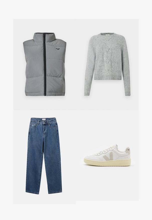Ujj nélküli szürke párnázott mellény magas gallérral, elöl fekete cipzárral és kis fekete logóval a bal felső mellkason.; Világosszürke kötött pulóver hosszú ujjakkal, kerek nyakkal és középső fonott mintával az elején.; Klasszikus kék farmernadrág egyenes szárú dizájnal, öt zsebbel és gombos zárással. Közepes mosású és strapabíró textúrával rendelkezik.; Fehér bőr sneaker bézs velúr részletekkel, perforált orr résszel, lapos fűzőkkel és textúrált krémszínű talppal. Finom márkajelzés található a sarkán.