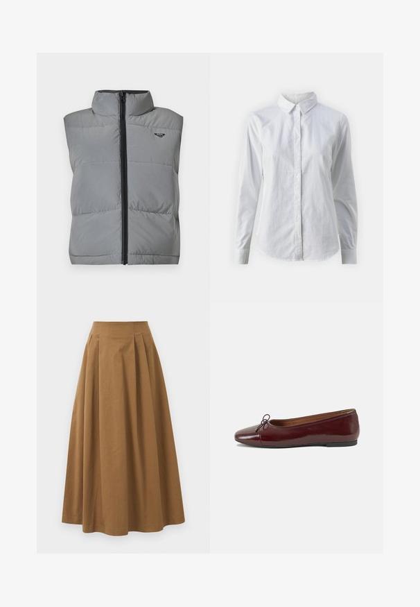 Harmaa ilmanhihoin varustettu toppaliivi korkealla kauluksella, edessä musta vetoketju ja pieni musta logo vasemmassa ylärinnassa.; Valkoinen napitettava paita, joka on valmistettu sileästä puuvillasta. Paidassa on klassinen kaulus, pitkät hihat ja kaareva helma. Nappien koko on pieni ja ne ovat valkoiset.; Ruskea puuvillainen A-linjainen hame korkealla vyötäröllä, jossa on laskokset edessä ja sileä pinta. Helma on viimeistelty siististi ja yksinkertaisesti.; Burgundin värinen lakattu nahkainen ballerinatossu pyöreällä varvaskärjellä, pienen nauhan yksityiskohdalla edessä ja matalalla mustalla kumipohjalla. Sujuva pinta.