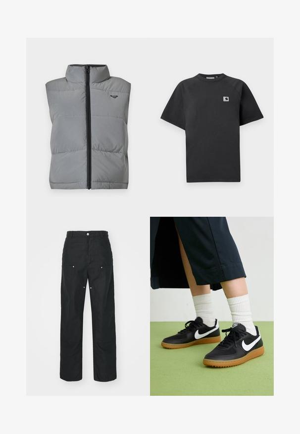 Ermeløs grå polstret vest med høy krage, sort glidelås foran og liten svart logo på øvre venstre bryst.; Svart bomull t-skjorte med rund hals, korte ermer og et rektangulært logo-patch på venstre side av brystet.; Svarte bukser med rett ben-design, laget av et strukturert stoff. Har dekorativt sølvtilbehør og unike sømdetaljer.; Sorte lær- og syntetiske joggesko med hvit Nike swoosh, gummisåle, rund tå og sorte lisser. Ribbet hvite sokker synlige.