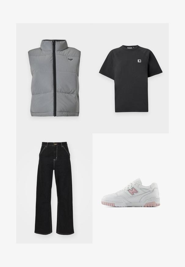 Ärmellose graue gepolsterte Weste mit hohem Kragen, schwarzem Reißverschluss auf der Vorderseite und kleinem schwarzen Logo auf der oberen linken Brust.; Schwarzes Baumwoll-T-Shirt mit Rundhalsausschnitt, kurzen Ärmeln und einem rechteckigen Logo-Patch auf der linken Seite der Brust.; Schwarze weit geschnittene Jeans aus Denim, mit kontrastierenden weißen Nähten und einem vorderen Knopfverschluss, ausgestattet mit zwei schrägen Fronttaschen.; Weiße Sportschuh mit pinken Akzenten. Verfügt über glattes Leder, perforierte Abschnitte und eine dicke Gummisohle. Die Schnürsenkel sind im Standardstil.