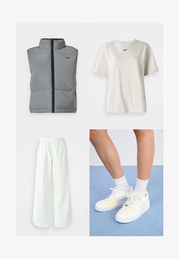 Juodas be rankovių pilkas paduotas liemenė su aukštu apykakle, priekyje juodas užtrauktukas ir mažas juodas logotipas kairėje krūtinės pusėje.; Balta medvilnė marškinėliai su apvaliu kaklu ir trumpomis rankovėmis. Priekyje yra mažas juodas Nike logotipas. Paprastas ir nepuošnus dizainas.; Balti sportiniai keliai su platėjančiomis kojomis, su įtemptu juosmeniu ir subtilia logotipo detale. Lygus audinys, laisvas kirpimas ir siaurėjantis apatinis kraštas.; Baltos odinės sportbačiai su geltonais ir levandų akcentais, apvaliu pirštu, plokščiomis raišteliais ir tekstūruota guma. Dėvimi su baltais kojinėmis.