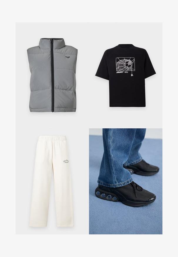 Ärmellose graue gepolsterte Weste mit hohem Kragen, schwarzem Reißverschluss auf der Vorderseite und kleinem schwarzen Logo auf der oberen linken Brust.; Schwarzes T-Shirt aus Baumwolle mit kurzen Ärmeln. Mit einem weißen Spinnennetz-Graphic und Logo auf der Vorderseite. Einfacher runder Ausschnitt.; Cremfarbene, weit geschnittene Hose aus weichem Material mit einem elastischen Bund. Auf der Vorderseite ist dezent grüner Sticktext zu sehen.; Schwarze sportschuhe mit atmungsaktivem Mesh-Obermaterial, strukturierten Akzenten und sichtbaren Luftpolstern in der Sohle. Getragen mit blauen Jeans.
