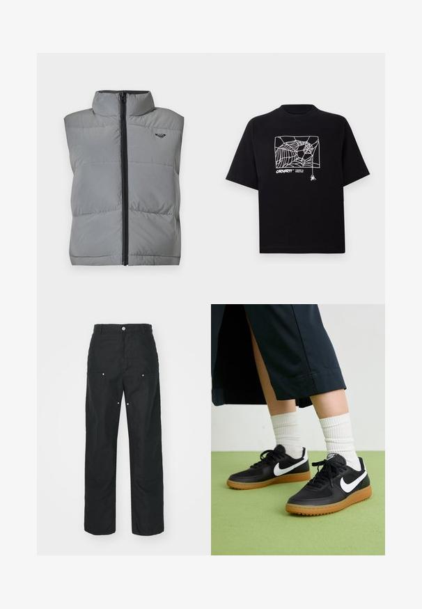 Ujj nélküli szürke párnázott mellény magas gallérral, elöl fekete cipzárral és kis fekete logóval a bal felső mellkason.; Fekete pamut póló rövid ujjakkal. Elülső részén fehér pókhálós grafika és logó található. Egyszerű, kerek nyakú.; Fekete nadrág, egyenes lábbal, textúrált anyagból készült. Dekoratív ezüst hardware-rel és egyedi varrási részletekkel rendelkezik.; Fekete bőr és szintetikus sneakers, fehér Nike logo-val, gumi talppal, kerek orral és fekete fűzővel. Csíkos fehér zokni látható.