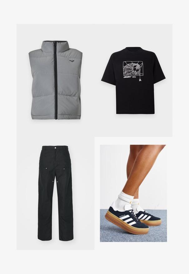 Ärmellose graue gepolsterte Weste mit hohem Kragen, schwarzem Reißverschluss auf der Vorderseite und kleinem schwarzen Logo auf der oberen linken Brust.; Schwarzes T-Shirt aus Baumwolle mit kurzen Ärmeln. Mit einem weißen Spinnennetz-Graphic und Logo auf der Vorderseite. Einfacher runder Ausschnitt.; Schwarze Hose mit geradem Bein, aus einem strukturierten Stoff. Verfügt über dekorative silberne Hardware und einzigartige Nahtdetails.; Schwarze Wildledersneaker mit weißen Streifen und Akzenten, rundlicher Zehenbereich, Sohlen aus braunem Gummi, kombiniert mit weißen, gerippten Sneakersocken.