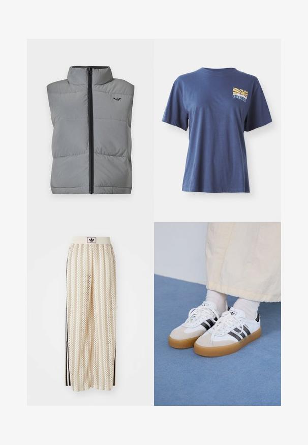 Ärmellose graue gepolsterte Weste mit hohem Kragen, schwarzem Reißverschluss auf der Vorderseite und kleinem schwarzen Logo auf der oberen linken Brust.; Navyblaue Baumwoll-T-Shirt mit kurzen Ärmeln, mit einem gelben und blauen Sonnenaufgangs-Motiv auf der linken Brust, beschriftet mit "ROXY PARADISE."; Cremfarbene, weit geschnittene Hosen mit einem Zickzackmuster, ausgestattet mit einem schwarzen Logo-Bund und seitlichen schwarzen Streifen. Leichter, strukturierter Stoff.; Weiße Sneaker mit schwarzen Streifen und beigen Wildlederakzenten. Besitzen eine strukturierte Gummisohle und flache weiße Schnürsenkel, getragen mit hellen Socken.