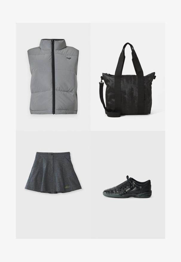 Chaleco gris acolchado sin mangas con cuello alto, cremallera negra en la parte delantera y pequeño logo negro en la parte superior izquierda del pecho.; Camiseta blanca de algodón con mangas cortas y cuello redondo. Cuenta con una etiqueta rosa en el interior del cuello. Textura suave.; Mini falda gris hecha de tela texturizada, con cierre de botón en la cinturilla, que presenta dos bolsillos laterales y un sutil logo bordado en el dobladillo.; Zapatilla deportiva de cuero negro con un diseño acolchado, punta redondeada, cordones en la parte delantera y suela de goma. Presenta un sutil logotipo en el lateral.; Bolsa tote negra con tejido texturizado, asas superiores dobles y una correa de hombro desmontable. Cuenta con un cierre con cremallera para un almacenamiento seguro.