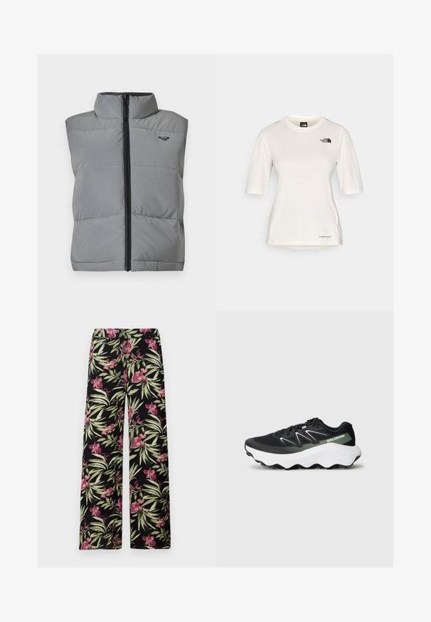 Vest gri fără mâneci, cu umplutură, guler înalt, fermoar frontal negru și un mic logo negru pe partea superioară stângă a pieptului.; The North Face SHADOW SHORT SLEEVE - Bluză sport - white dune; Pantaloni cu picioare largi dintr-un material negru, cu un model floral ce include orhidee roz și frunze verzi. Textură netedă și o croială relaxată.; Pantofii sport negri au un superior din plasă, accente albe și verzi deschise, o talpă intermediară albă bine amortizată și o aderență texturată pe talpa exterioară.