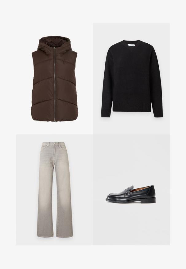 Brun puffervest med hette, som har en frontglidelås og chevronfôringsmønster. Jevnt, isolert stoff med myk tekstur.; Svart v-hals genser i en myk ullblanding, med lange ermer og ribbestrikkede mansjetter og nederkant. Enkel, klassisk design uten mønstre eller detaljer.; Grå vide ben jeans med en falmet finish, knaplukning, fem-lomme design og stikninger langs sømmen.; Sorte lærloafers med rund tå, broderte detaljer og en glatt tekstur. Har lav hæl og smidig design.