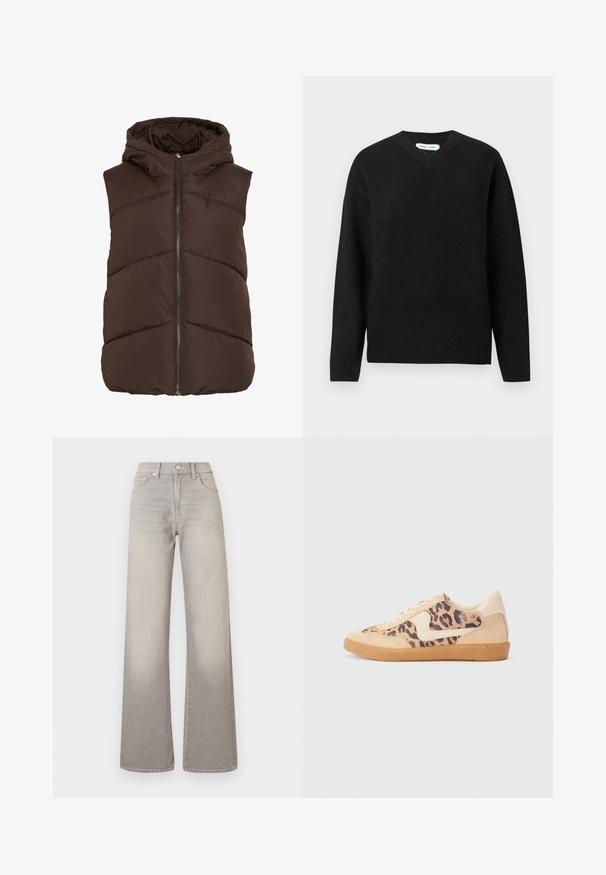 Hnedá vatovaná vesta s kapucňou, vybavená predným zipsom a vzorom šitia do tvaru rybej kosti. Hladká, zateplená látka s jemnou textúrou.; Čierny svetre s v-výstrihom vyrobený z mäkkej vlnenej zmesi, disponujúci dlhými rukávmi a rebrovanými manžetami a lemom. Jednoduchý, klasický dizajn bez vzorov alebo akcentov.; Šedé široké džínsy s vyblednutým povrchom, zapínanie na gombík, dizajn s piatimi vreckami a prešitie pozdĺž švov.; Tenisky s leopardím vzorom, s béžovým semišovým zvrškom, svetlohnedou gumovou podrážkou a bielymi akcentmi. Okrúhla špička a šnurovací dizajn s textúrovaným povrchom.