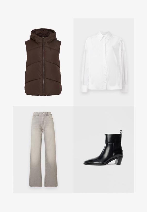 Vestă matlasată maro cu glugă, prevăzută cu fermoar frontal și model de cusături în formă de v. Țesătură netedă, izolată, cu textură moale.; Cămașă albă cu mânecă lungă, cu nasturi, confecționată dintr-un amestec de bumbac fin. Include o guler clasic, închidere frontală cu nasturi și manșete rotunjite.; Jeans largi gri cu un finisaj decolorat, închidere cu buton, design cu cinci buzunare și detalii cusute pe cusături.; Cizme negre din piele până la gleznă, cu vârful ascuțit, toc geometric patrulat și un manșon pentru tragere în spate. Textură netedă și design elegant.