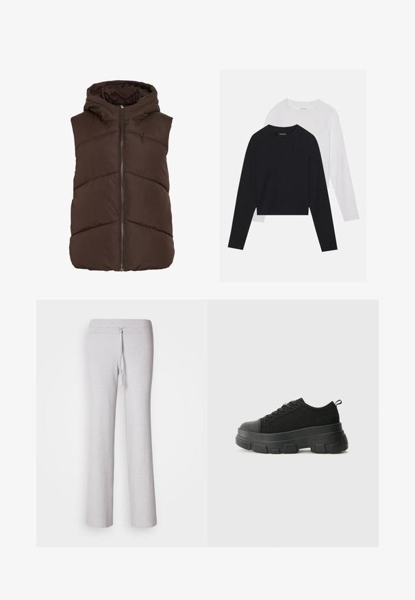 Brown puffer vest with a hood, featuring a front zipper and chevron stitching pattern. Smooth, insulated fabric with a soft texture.; Two long-sleeved shirts: one black and one white. Both feature a crew neck, raglan sleeves, and a soft cotton blend fabric.; Light gray, ribbed fabric lounge pants with a drawstring waistband and wide-leg design. Smooth texture, full-length silhouette.; Black sneakers with a chunky rubber sole, textured fabric upper, round toe, and lace-up design. Features reinforced eyelets and back pull tab.