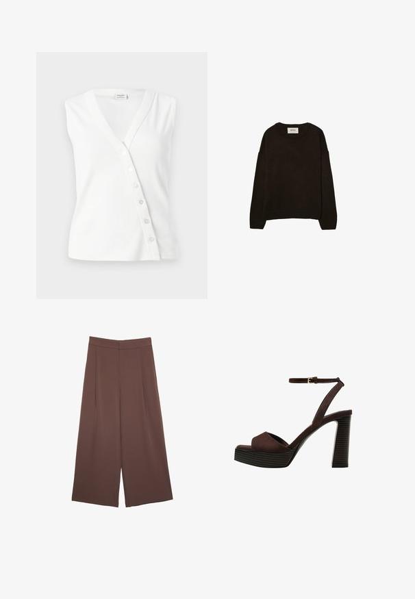 Haut sans manches blanc en tissu côtelé, avec un décolleté en V, des boutons sur le côté pour la fermeture et une coupe ajustée.; Pull en tricot marron foncé avec un col rond, des épaules tombantes, des poignets et un ourlet côtelés, présentant une texture douce et une coupe décontractée.; Pantalons larges marron avec une texture lisse, dotés d'une taille haute et de plis à l'avant. Le tissu est léger et tombe de manière fluide.; Sandale à talons hauts en suede marron avec un bout ouvert, une bride de cheville réglable et une semelle de plateforme rayée.