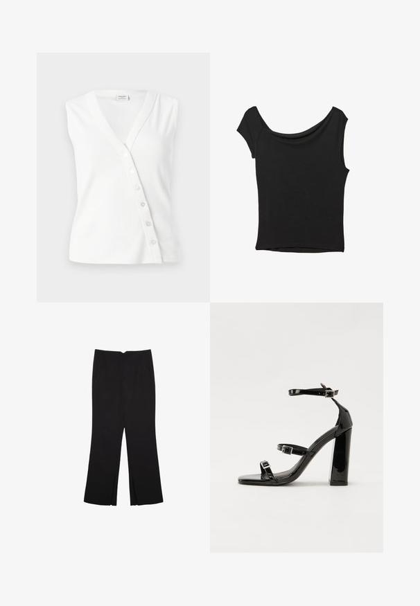 Top bianco senza maniche realizzato in tessuto a coste, con scollatura a V, bottoni laterali per la chiusura e una vestibilità slim.; Top nero a maniche corte realizzato in tessuto liscio; presenta un colletto drappeggiato e un orlo asimmetrico, con una vestibilità aderente.; Pantaloni neri a gamba dritta, con tasche frontali e spacchi laterali all'orlo. Realizzati in tessuto morbido e liscio. Adatti a diverse occasioni.; Sandali con tacco in vernice nera, con punta squadrata, cinturini alla caviglia e fibbie in argento. Presentano un tacco a blocco spesso per maggiore stabilità.