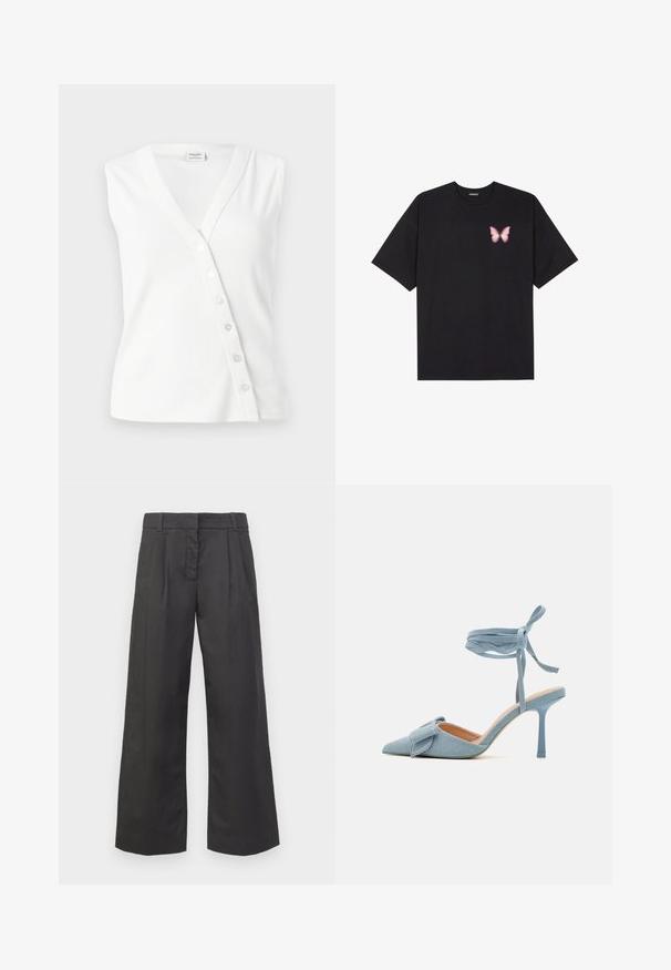 Valge sansvarrukatega särk, mis on valmistatud ribakudumist, millel on V-kujuline kaelus, külgkendmiseks nupud ja kitsas lõige.; Must muströöpidega must puuvillane T-särk, vasakul rinnal on väike roosa liblikas. Ümar kaelus ja vabalt istuv lõige.; Mustad jalad mustast kangast, millel on kõrge vöökoht, ees olevad voltid ja diskreetsed taskud. Sile tekstuur puhta viimistlusega.; Kitsas varbaga kõrge kontsaga kingad helesinisest kangast, millel on tekstuuriga viimistlus, kaunistatud paeltega ja pahkluuringiga, tagamaks kindlat sobivust.