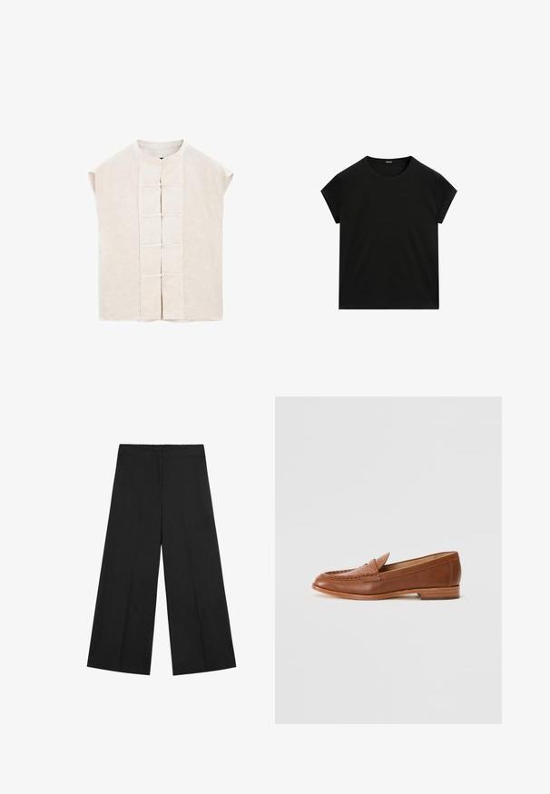 Light beige linen top with a mandarin collar, short sleeves, and decorative knot buttons along the front. Straight-cut, unstructured design.; Black short-sleeve crew neck t-shirt with a straight hem, displayed flat on a white background.; Black wide-leg pants with an elastic waistband. Made of lightweight fabric, featuring a smooth texture and clean, minimalist design.; Lauren Ralph Lauren WYNNIE - Slip-ons - deep saddle tan