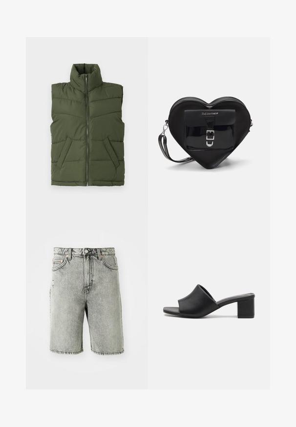 Zeleno puhasto brezrokavnik z visokim ovratnikom, zadrgo in sprednjimi žepi. Ima prešito teksturo in brezrokaven dizajn.; Bela srajca z gumbki, narejena iz gladkega bombaža, s klasičnim ovratnikom, dolgimi rokavi in ukrivljenim robom. Gumbi so majhni in beli.; Sive denim kratke hlače z klasičnim pet-pocket dizajnom, bledim videzom in našitki na robovih in pasu.; Črne usnjene mule z blokastim petami in odprto tobko, s sijočo površino in rahlo ukrivljenim zgornjim delom za udobje in stil.; Črna torbica v obliki srca, izdelana iz lakirane usnje, s sprednjim žepom, ki se zapira z zaponko, in snemljivim trakom. Srebrni dodatki.