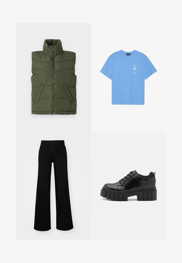 Πράσινο γιλέκο με ψηλό λαιμό, κλείσιμο με φερμουάρ και μπροστινές τσέπες. Διαθέτει επενδεδυμένη υφή και σχεδίαση χωρίς μανίκια.; Απαλή μπλε βαμβακερή μπλούζα t-shirt με στρογγυλή λαιμόκοψη. Διαθέτει λευκό σχέδιο με φοίνικα και κείμενο στην αριστερή πλευρά του στήθους. Κοντά μανίκια.; Μαύρο παντελόνι με φαρδιά μπατζάκια από τζίν, με δομημένη μέση, θηλιές ζώνης και μπροστινές τσέπες. Λείος υφασμάτινος σχεδιασμός με κλασική εμφάνιση.; Μαύρα δερμάτινα παπούτσια πλατφόρμας με παχύ μπλοκ τακούνι, στρογγυλή μύτη και παραδοσιακό σχέδιο δέσιμο. Διαθέτουν λεία υφή και ελάχιστες λεπτομέρειες.