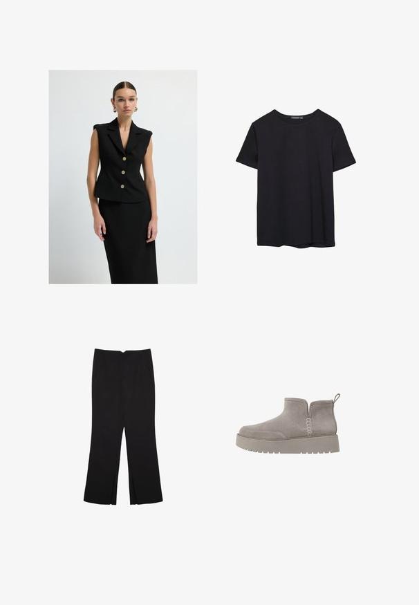 Černý bezrukávový blazer s přiléhavým střihem, zlatými knoflíky a ostrými klopami. Hladká tkanina s minimalistickým designem, doplněná o odpovídající sukni.; Jednoduché černé bavlněné tričko s krátkým rukávem a kulatým výstřihem, vystavené na bílém pozadí.; Černé kalhoty s rovným střihem, s předními kapsami a bočními rozparky na lemu. Vyrobené z jemné, hladké tkaniny. Vhodné na různé příležitosti.; Šedá nubuková kotníková bota s nízkým profilem, elastickými bočními panely a texturovanou gumovou podešví. Obsahuje poutko pro snadné obouvání.