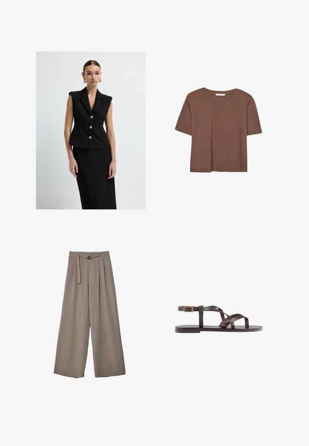 Schwarzer ärmelloser Blazer mit taillierter Passform, goldenen Knöpfen und scharfen Revers. Glattes Material mit minimalistischem Design, kombiniert mit einem passenden Rock.; Braunes, kurzärmliges T-Shirt aus weichem Material mit rundem Halsausschnitt und lockerer Passform. Keine sichtbaren Muster oder Akzente.; Weite Hose aus einem weichen, gedämpften grauen Stoff, mit einem taillierten Bund und Falten für zusätzliche Design-Details. Glatte Textur, keine Muster.; Braune Leder-Sandale mit überkreuzten Riemen, einem Knöchelriemen mit Schnalle und einer flachen Sohle mit minimalen Nähdetails.