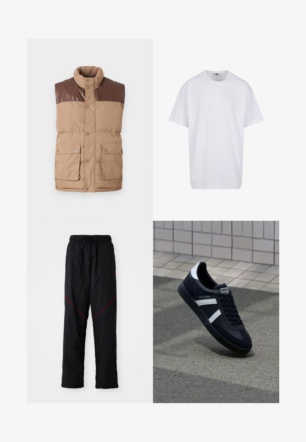 Brun uten ermer puffer vest med en faux lær yoke, trykknapplukking og to frontlommer. Myk tekstur, polstret isolasjon.; Hvit bomull t-skjorte med korte ermer, rund utringning, avslappet passform, og ingen synlige logoer eller mønstre. Glatt tekstur og minimalistisk design.; Sorte idretts bukser med teksturert overflate, med snøring i livet, røde aksentlinjer og en løs passform.; Sorte lærersneaker med hvite striper, teksturert gummihæl og snøring foran. Har et merketikett på tungen.