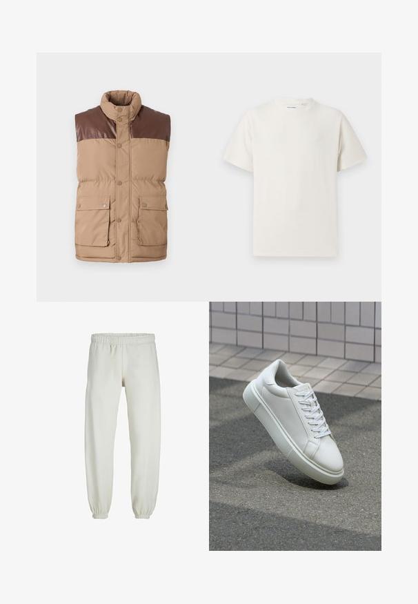 Brązowa bezrękawnikowa kamizelka puchowa z sztuczną skórzaną wstawką, zapięcie na napy i dwoma przednimi kieszeniami. Miękka faktura, ocieplenie z wypełnieniem.; Biała krótka koszulka z krótkim rękawem o żebrowanej fakturze. Okrągły dekolt, luźny krój, brak widocznych wzorów lub akcentów. Prosty i uniwersalny design.; Białe dresy wykonane z miękkiego materiału, z elastycznym pasem i mankietami, o gładkiej fakturze i luźnym kroju.; Białe skórzane trampki z gładką powierzchnią, okrągłym noskiem i płaskimi białymi sznurowadłami. Posiadają teksturowaną gumową podeszwę oraz minimalistyczne elementy projektowe.