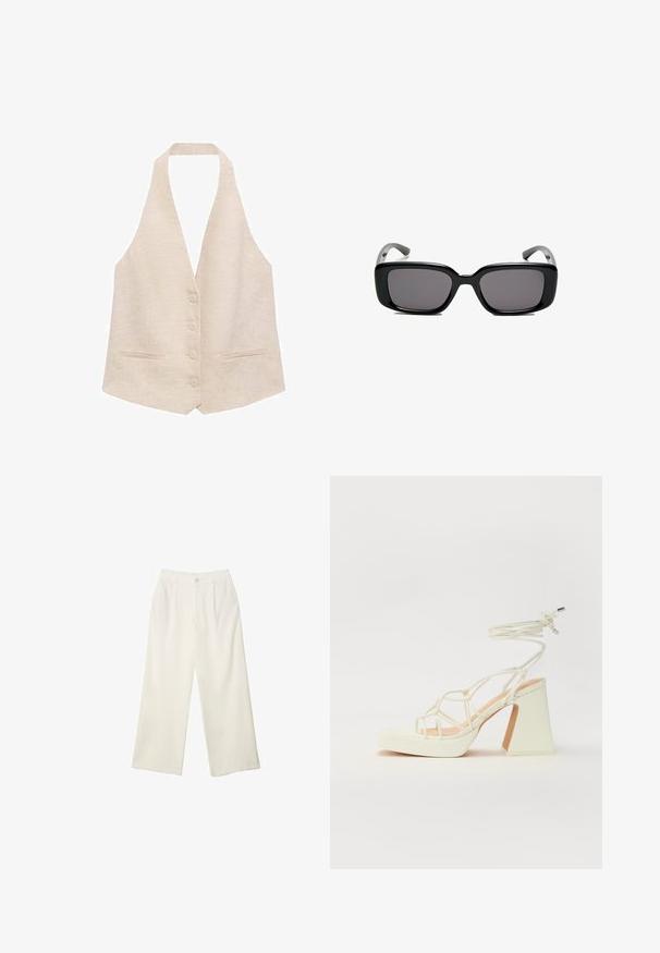 Linen prsluk u svijetlosmeđoj boji s V-izrezom, bez rukava, zatvaranjem na pet dugmadi i dva prednja džepa. Glatka tekstura, minimalistički stil.; Bijela majica od mekane, lagane tkanine. Ima okrugli izrez i kratke, široke rukave s ležernim krojem. Bez vidljivih uzoraka.; Hlače širokih nogavica od kremaste tkanine s glatkom teksturom, s jednim prednjim gumbom, suptilnim plitvicama i visokim strukom.; Bijela sandala na visokoj potpetici s debelim petom, s remenom i vezanjem oko gležnja. Glatka tekstura s platformom sprijeda za dodatnu visinu.; Crne pravokutne sunčane naočale s tamnim lećama, glatkim plastičnim okvirom i zakrivljenim državama. Dizajn je masivan s minimalističkom estetikom.