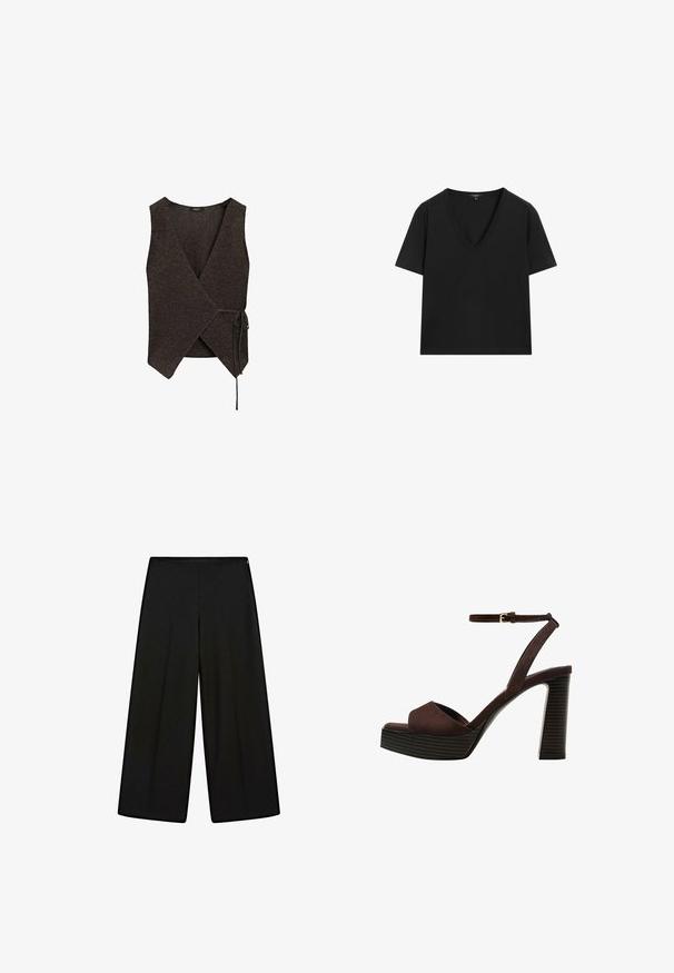 Ciema brązowa, bezrękawnikowy kamizelka z wiązaniem z boku, wykonana z fakturowanej tkaniny, z dekoltem w serek. Krawędzie są lekko strzępione.; Czarny T-shirt z krótkim rękawem i dekoltem w serek o prostym, dopasowanym kroju na białym tle.; Czarne, szerokie spodnie z miękkiego materiału, z wysokim stanem i plisami, o gładkiej fakturze i bez widocznych ozdób.; Brązowe zamszowe sandały na wysokim obcasie z odkrytymi palcami, regulowanym paskiem na kostce i paskowatą podeszwą.