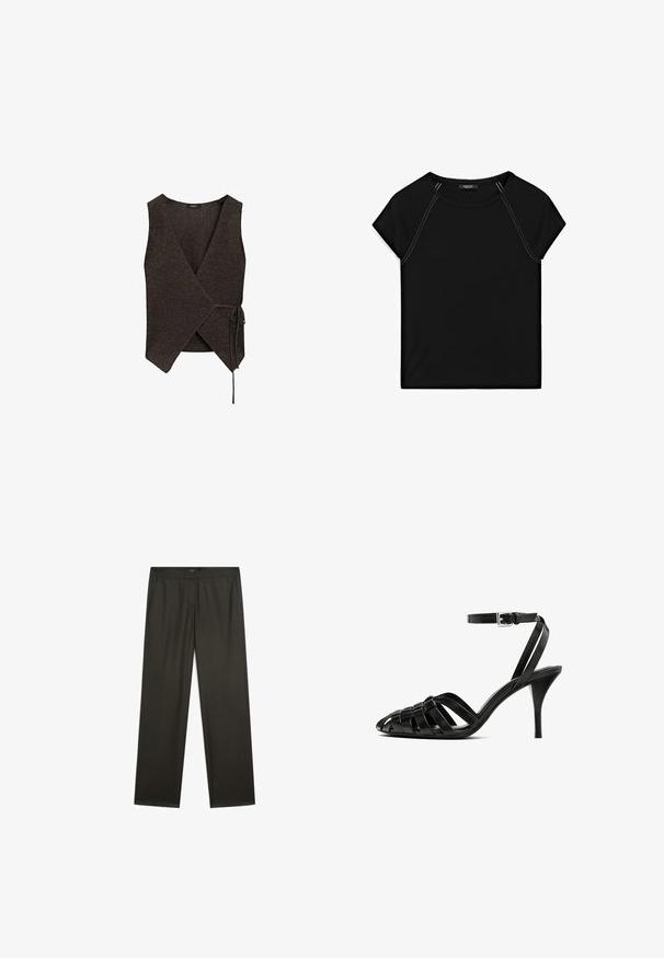 Dark brown, sleeveless wrap vest made of textured fabric with a V-neck and tied side detail. Edges are slightly frayed.; Black short-sleeve top featuring a round neckline and contrast white stitching along the shoulders and sides. Soft, smooth fabric.; Dark green, wide-legged trousers with a smooth texture, elastic waistband, and side pockets. Simple design with no visible patterns or hardware.; Black leather high-heeled sandal with an ankle strap, featuring woven straps across the toe, a smooth finish, and a pointed toe shape.
