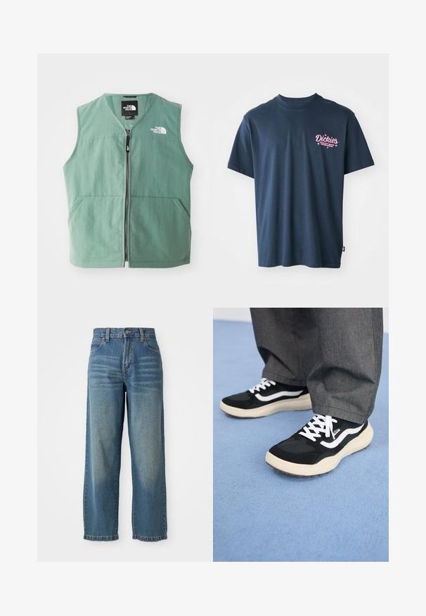 Zelena bezrukavna prsluk sa patentnim zatvaračem sprijeda, dva prednja džepa i logotipom na lijevoj strani prsiju. Napravljen od lagane tkanine s mat završnom obradom.; Tamno plava pamučna majica s ručkama koja prikazuje ružičasti otisnuti logo na prsima s natpisom "Dickies Quality Made Workwear." Kratki rukavi, standardni kroj.; Svijetloplave široke traperice s visokim strukom, pet džepova i blago izblijeđenim završetkom. Imaju kopčanje na gumb i patentni zatvarač.; Crno-bijele tenisice s teksturiranim gornjim dijelom, okruglim vrhom, bijelim vezicama i debelim kremastim potplatom s uzorkom na dnu.