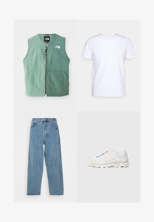 Žalias be rankovių liemenė su užtrauktuku priekyje, dviem priekinėm kišenėm ir logotipu kairėje krūtinės pusėje. Pagaminta iš lengvos medžiagos su matinio paviršiaus apdaila.; Balta trumpomis rankovėmis marškinėliai, pagaminti iš medvilnės audinio, su apvaliu kaklu. Paprastas dizainas be raštų ar akcentų. Lygi tekstūra.; Šviesiai mėlynos džinsinės kelnės su aukštu liemeniu, laisvo kirpimo, turinčios dvi priekinės kišenes, nugarinę kišenę su užklijuotu logotipu ir kniedinį užsegimą.; Baltas sportinis batelis su tekstūruotu tinkliniu viršumi, atspindinčiais akcentais ir paminkštintu padu. Išskirtinis prekės ženklo logotipas šone.