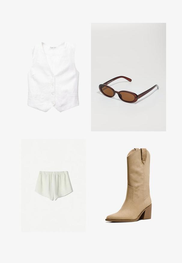 Bijela pamučna prsluk s V-izrezom, pet prednjih dugmadi, dvije džepa i blago strukturiran oblik. Glatka tekstura, bez uzoraka ili akcenta.; Bela lanena majica s podesivim naramenicama i dubokim V-izrezom. Ima naborane naglaske na grudima, s opuštenim krojem i rubom na vezanje.; Bijele lanene hlače s elastičnim pojasom, koje imaju slobodan kroj i blago zakrivljeni rub na donjim ivicama. Mekana, prozračna tekstura.; Bershka HIGH-HEEL - Kaubojske/motorističke čizme - beige; Okvir okruglih, smeđkastih sunčanih naočala s sjajnim burgundskim okvirom. Uski nositelji s suptilnim brendiranjem. Ravna leća.