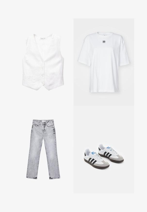 Biały lniany kamizelka z dekoltem w serek, pięcioma guzikami z przodu, dwiema kieszeniami i lekko strukturalnym krojem. Gładka faktura, bez wzorów ani akcentów.; Biała, krótko rękawowa koszulka z bawełny. Posiada okrągły dekolt oraz małe, czarne logo Adidas na klatce piersiowej. Proste zakończenie.; Szare dżinsy o prostym kroju nogawki, z przetarciami, pięcioma kieszeniami i miedzianymi nitami. Pasek w talii posiada metkę z logo.; Buty sportowe z białą skórzaną cholewką, szarym zamszowym noskiem i trzema czarnymi paskami. Posiadają niebieskie logo na języku oraz teksturowaną gumową podeszwę.