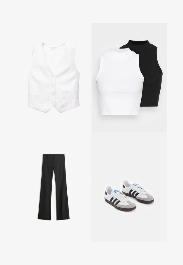 Weißes Leinenhemd mit V-Ausschnitt, fünf vorderen Knöpfen, zwei Taschen und einer leicht strukturierten Form. Glatte Textur, ohne Muster oder Akzente.; Zwei ärmellose, gerippte Rollkragenoberteile in Schwarz und Weiß, mit einer figurbetonten Passform und glatter Textur sowie einer cropped Länge.; Schwarze weit geschnittene Hosen aus glattem Stoff, mit hoher Taille und klaren Linien, ohne sichtbare Muster oder Verzierungen.; Sportschuhe mit einem Obermaterial aus weißem Leder, grauer Wildleder-Zehenkappe und drei schwarzen Streifen. Sie verfügen über ein blaues Logo auf der Zunge und eine strukturierte Gummisohle.