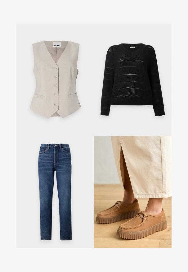 Beige ilmanhiha veste, jossa on V-pääntie, etunapit, kaksi sivutaskua ja hienovarainen tekstiilkuvio. Merkki: ICHI.; TOM TAILOR DENIM V NECK - Neule - deep black; Siniset korkeavyötäröiset farkut, suora lahje, hienovarainen kulutusjälki, yhdellä napilla kiinnitys ja viisi taskua.; Ruske nahkatossut, joissa on teksturoitu pinta, pyöreä varvas ja paksut, uurrettu pohjat. Nyörit ja ompelusarja korostavat designia.