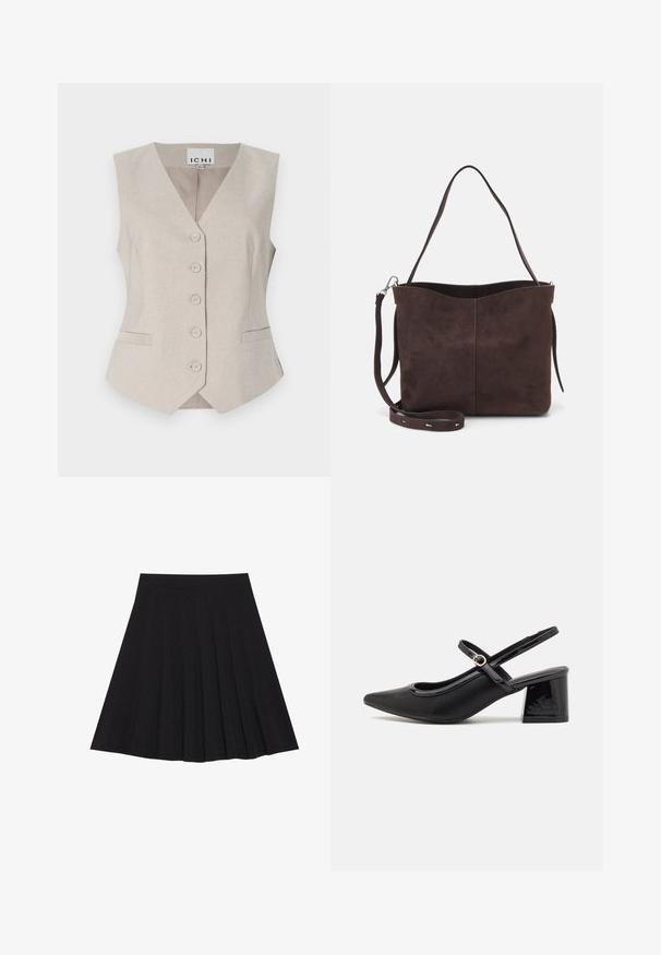 Beige ärmlös väst med V-ringning, frambutiker, två sidofickor och subtilt texturerad tyg. Märke: ICHI.; Vit skjorta med knappar tillverkad av bomull. Har en krage, långa ärmar och en avslappnad passform. Slät yta utan synliga mönster.; Svart plisserad kjol gjord av texturerad tyg med en figurnära midjeband. Faller till knä längd och har en slät, ren silhuett.; Svarta lackläder slingback-klackar med spetsig tå, en rundad utskärning och en blockklack. Utsmyckad med en spänne i guldton.; Brun mockakläd väska med en mjuk textur, med en ensam axelrem och en subtilt rundad öppning upptill. Inga synliga detaljer i metall.