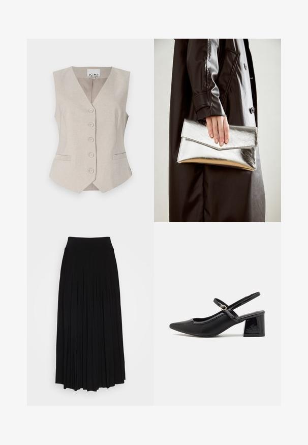 Beige sleeveless vest with a V-neck, front buttons, two side pockets, and subtle textured fabric. Label: ICHI.; Two cotton crop tops in white and black. Each has a deep neckline and thin shoulder straps, featuring a smooth, soft texture.; Black pleated skirt with a high, stretchy waistband. Made from soft fabric, featuring vertical pleats for a flowing silhouette.; Black patent leather slingback heels with a pointed toe, a rounded cutout design, and a block heel. Features a gold-tone buckle accent.; Silver metallic clutch with an angular envelope design, smooth texture, and contrasting interior color, held in a hand wearing a black coat.