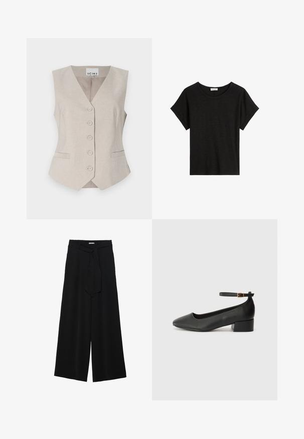 Beige sleeveless vest with a V-neck, front buttons, two side pockets, and subtle textured fabric. Label: ICHI.; Black short-sleeve T-shirt made of soft, textured fabric with a round neckline and rolled cuffs. Simple and versatile design.; Black wide-leg pants featuring a textured fabric, an elastic waistband, and a detachable sash tie at the waist for adjustable fit.; Black leather pump with a pointed toe and a low block heel. Features an ankle strap with a gold-tone buckle. Smooth texture.