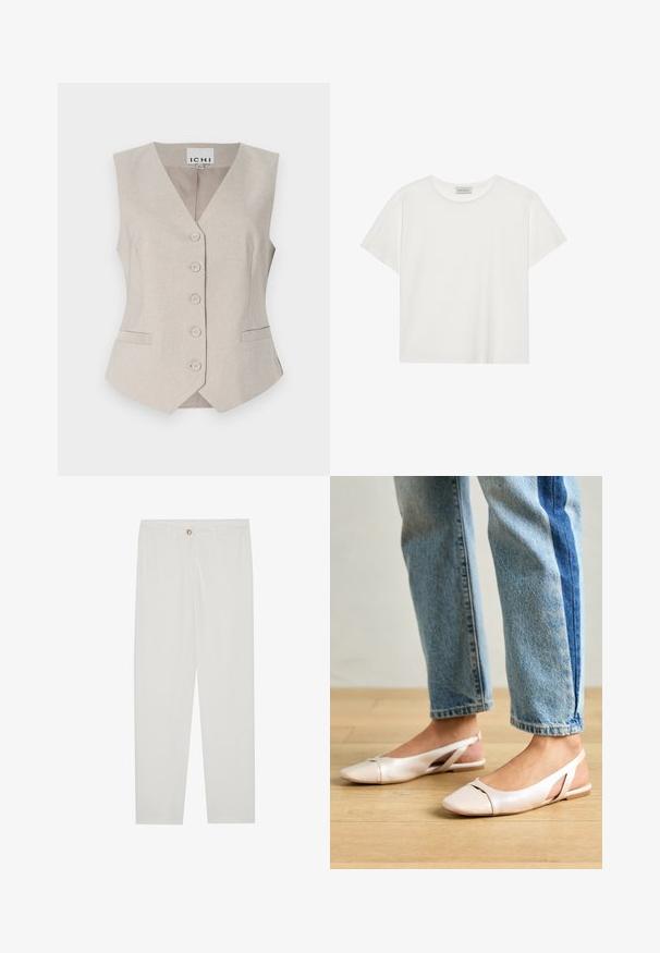 Bež bezrukavni prsluk s V-izrezom, prednjim gumbima, dva bočna džepa i suptilnom teksturiranom tkaninom. Oznaka: ICHI.; Bijela kratkodlaka majica od mekog pamuka. Ima okrugli izrez i opušteni kroj. Čist dizajn bez vidljivih uzoraka ili akcenata.; Bijele, krojene hlače ravnog kroja, s kopčanjem na dugme, petljama za remen i bočnim džepovima; glatka tekstura tkanine.; Svijetlo ružičaste slingback balerinke s šiljastim vrhom, izrađene od glatkog materijala nalik koži. Sadrže izrezane detalje sa strane i ravnu petu.