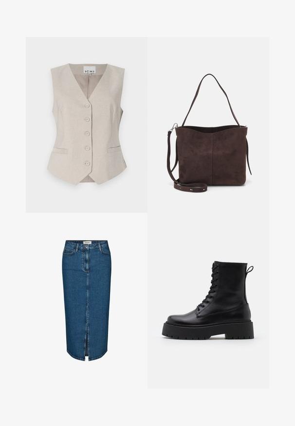 Beige sleeveless vest with a V-neck, front buttons, two side pockets, and subtle textured fabric. Label: ICHI.; White short-sleeve top featuring a relaxed fit, lightweight texture, and rounded neckline. Back view shows smooth, simple design.; Denim pencil skirt in dark blue, featuring a front slit, five pockets, and contrasting stitching. Mid-rise waist with a classic design.; Black leather ankle boots with a round toe, lace-up front, and a thick rubber sole featuring a textured tread. Pull tab at the back.; Brown suede tote bag with a soft texture, featuring a single shoulder strap and a subtle curved top opening. No visible hardware details.