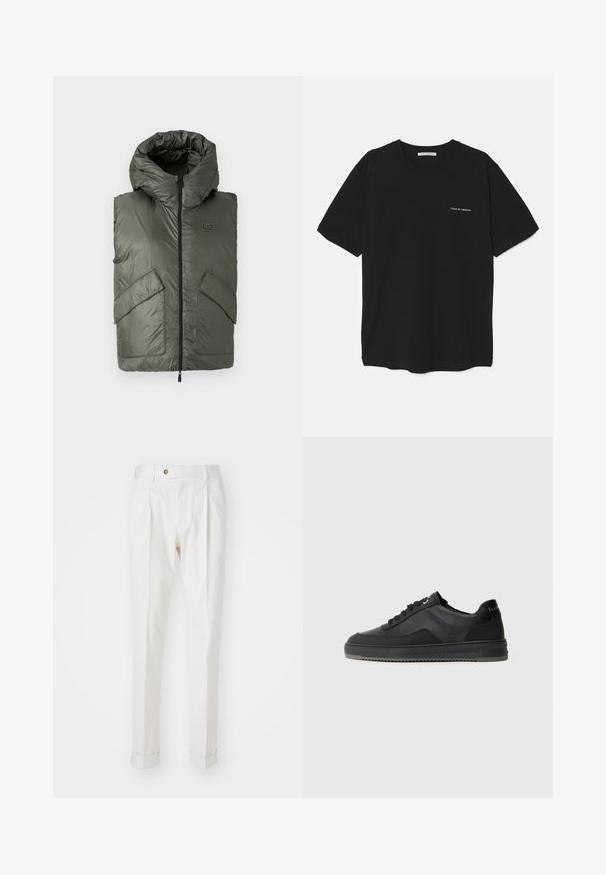 Lengvas, siuvinėtas pilkai žalias liemenė su kapišonu, turinti priekinį užtrauktuką ir dvi dideles, kampuotais kraštais kišenes. Audinys yra tekstūruotas, su lygiu paviršiumi.; Juoda medvilninė marškinėlė su apykakle, trumpomis rankovėmis ir baltu logotipu kairėje krūtinės pusėje. Paprastas, vientisas spalvų dizainas.; Baltos, pritaikytos kelnės su lygiu priekiu, dviem raukšlėmis ir prisuktomis rankovėmis. Pagamintos iš lygios medžiagos, su mygtuku juosmenyje.; Juodas sportinis batelis su lygia odine viršūne, tekstūruotais akcentais, plokštelėmis ir guminės padangos apačia su zigzago protektoriumi.