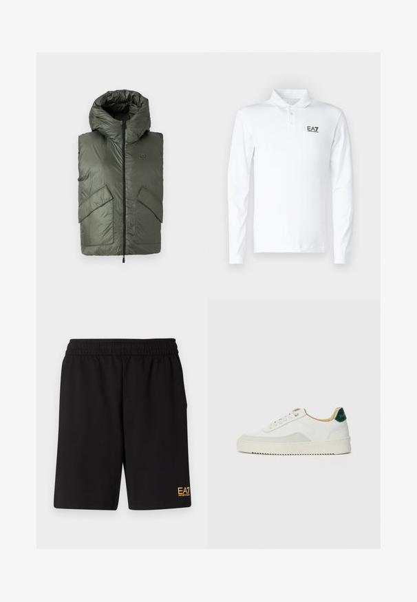 Kevyt, tikattu harmaavihreä liivi, jossa on huppu, etuvetoketju ja kaksi suurta, kulmahuuhteloitua taskua. Kankaan rakenne on röpelöinen, mutta pinta on sileä.; Valkoinen pitkähihaiset polo-paita, joka on valmistettu puuvillasta. Siinä on klassinen kaulus, kolme nappia ja musta EA7-logo rinnassa.; Mustat urheilushortsit, jotka on valmistettu pehmeästä kankaasta. Kengissä on joustava vyötärönauha ja pieni keltainen EA7-logo vasemmassa alakulmassa.; Valkoiset tennarit, joissa on nahkaosia, pyöreä kärki, tasaiset nauhat ja kermaisa kumi-pohja. Takana vihreä brändäys.