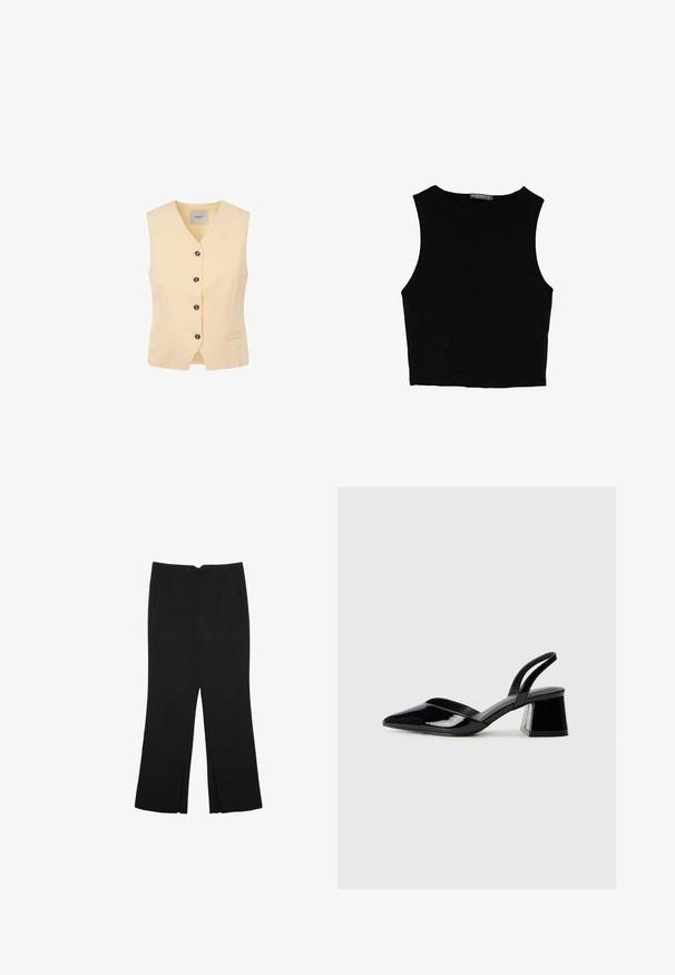Ljusgul väst med V-ringning, fem mörka knappar och två framfickor. Tillverkad av ett slätt tyg med en skräddarsydd passform.; Svart ärmlös crop top i mjukt tyg, med rund hals och en ren, enkel design utan mönster eller detaljer.; Svarta byxor med rak passform, utrustade med framfickor och sidoklyvningar vid fållen. Tillverkade av mjukt, slätt tyg. Lämpliga för olika tillfällen.; Svarta lackläder slingback klackar med spetsig tå och geometrisk klack. Har en elegant, minimalistisk design och slät yta.
