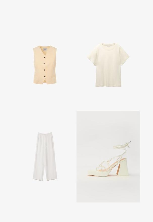 Hellgelbe Weste mit V-Ausschnitt, fünf dunklen Knöpfen und zwei Fronttaschen. Hergestellt aus einem glatten Stoff mit tailliertem Schnitt.; Helles beige T-Shirt mit kurzen Ärmeln und Rundhalsausschnitt, aus weichem, glattem Stoff gefertigt. Verfügt über eine lockere Passform und einen geraden Saum.; Weiße weit geschnittene Hose aus leichtem Stoff. Mit einem elastischen Bund und Kordelzug sowie Seitentaschen. Glatte Textur.; Weiße High-Heel-Sandale mit einem klobigen Absatz, die über ein Riemchendesign und ein Knöchelband verfügt. Glatte Textur mit einer Plattform vorne für zusätzliche Höhe.