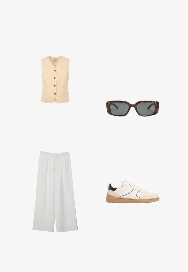 Hellgelbe Weste mit V-Ausschnitt, fünf dunklen Knöpfen und zwei Fronttaschen. Hergestellt aus einem glatten Stoff mit tailliertem Schnitt.; Weißes T-Shirt mit kurzen Ärmeln aus Baumwolle. Hat einen Rundhalsausschnitt und eine lockere Passform. Glatte Textur ohne sichtbare Muster oder Akzente.; Weiße, weit geschnittene Hosen aus leichtem Stoff, mit einem elastischen Bund und einem Zugband für eine verstellbare Passform. Glatte Textur.; Stradivarius Sneaker low - white; Sonnenbrille im Schildpatt-Design mit rechteckigen Gläsern, dicken Rahmen und dunkelgetönten Gläsern. Glatte Textur und minimalistisches Design.