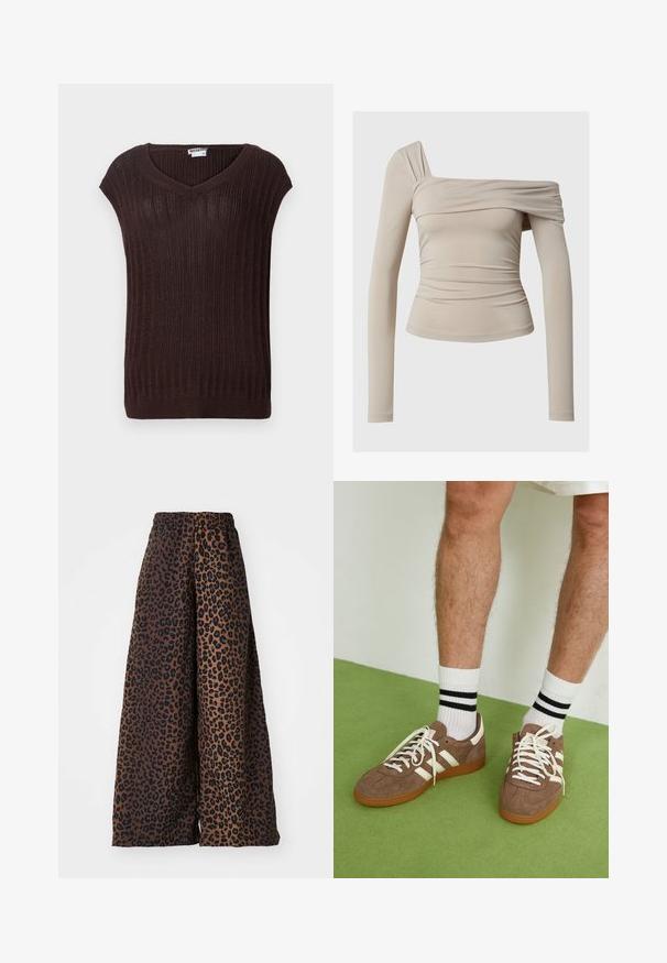 Brown ribbed knit sweater with a v-neck and short sleeves. Features a textured fabric and a straight cut at the waist. Brand tag visible.; Beige long-sleeve top with an off-the-shoulder design, featuring a ruched texture and a fitted silhouette. Smooth, stretchy fabric.; Wide-leg trousers made of smooth fabric, featuring a brown background with a black leopard print pattern and an elastic waistband.; Brown suede sneakers with white accents and laces. Rubber gum sole. Worn with white socks featuring black stripes. Green textured flooring.