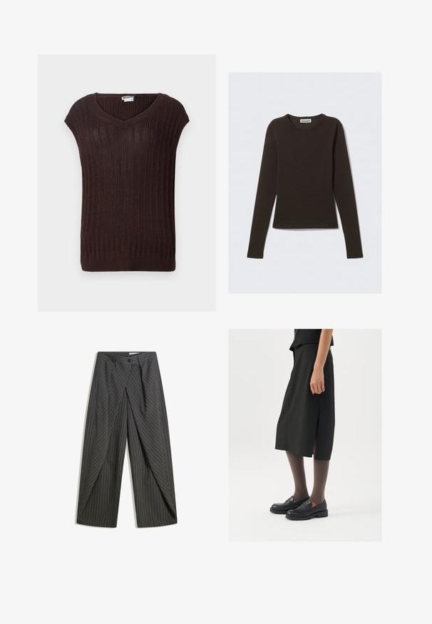 Brauner, gerippter Strickpullover mit V-Ausschnitt und kurzen Ärmeln. Besitzt einen strukturierten Stoff und einen geraden Schnitt in der Taille. Markenetikett sichtbar.; Langärmliges Oberteil in Dunkelbraun, aus weichem, dehnbarem Material gefertigt. Hat einen Rundhalsausschnitt und eine schmale Passform. Das Etikett trägt die Aufschrift "WEEKDAY."; Graue Nadelstreifenhose mit lockerer Passform, einreihigem Knopfverschluss, Falten und weitem Bein. ; Schwarzer knielanger Rock mit seitlichem Schlitz, kombiniert mit schwarzen Loafers und transparenten braunen Strumpfhosen, aus glattem Stoff und mit einem schlichten Design.
