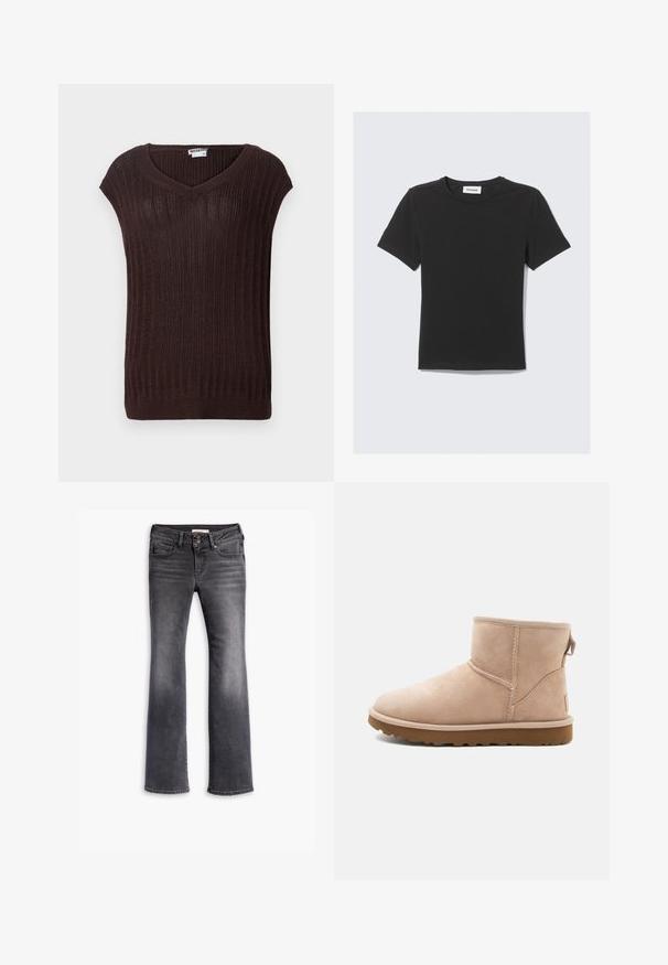 Rjava rebrasta pletena majica z V-izrezom in kratkimi rokavi. Ima teksturirano tkanino in ravno kroj na pasu. Oznaka blagovne znamke je vidna.; Črna kratka majica s kratkimi rokavi, izdelana iz mehkega bombažnega materiala, s krožno ovratnikom in ohlapnim krojem, z enostavnim dizajnom in brez vidnih vzorcev.; Razširjene kavbojke iz temno sive denima, z gumbom za zapiranje, petimi žepi, rahlim bledenjem in kontrastnim šivanjem na šivih.; Bež usnjeni gležnjarji s zaobljenim nosom, šivanimi detajli in teksturiranim rjavim gumijastim podplatom. Imajo zanka na hrbtni strani.